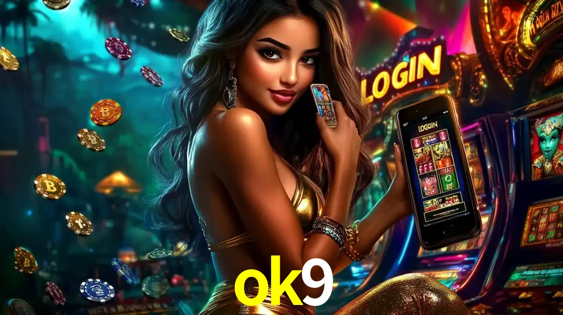 Mulher em um cenário de cassino temático de aventura, mostrando o app de caça-níqueis da ok9 no celular. Fichas de apostas flutuam ao redor.