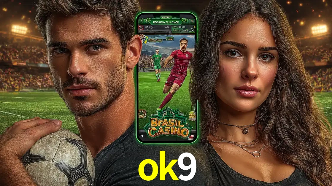 Homem segurando uma bola de futebol e uma mulher ao lado de um smartphone exibindo o jogo de apostas esportivas da ok9. Faça seu palpite no cassino online.